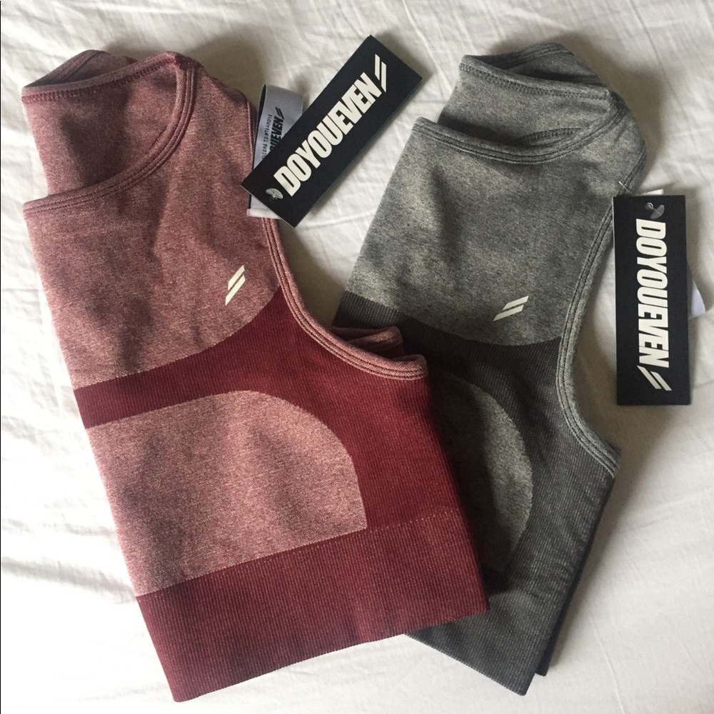 DOYOUEVEN pair of workout tops, Red and Grey.